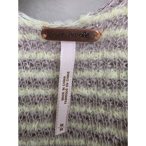 Free People Striped V-Neck Sweater Medium Gray Yellow Fuzzy Knit Pullover - Picture 3 of 8